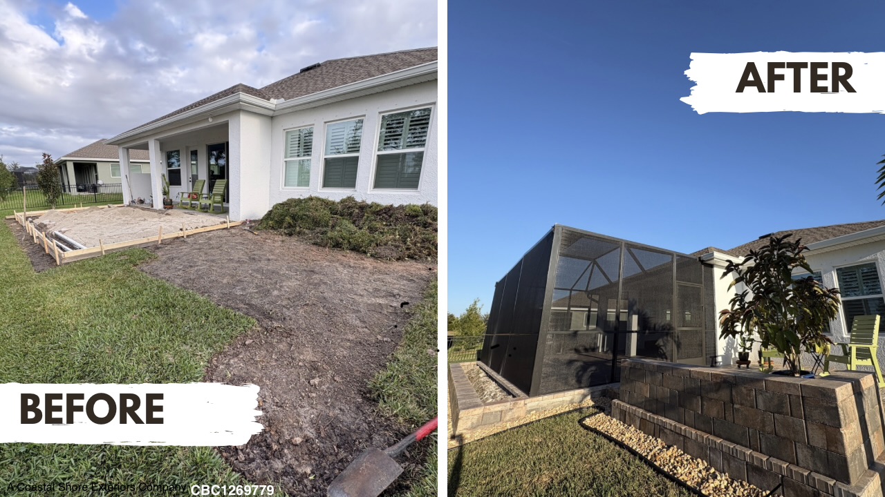 Before and after paver patio and screen enclosure installation by GES in Sarasota